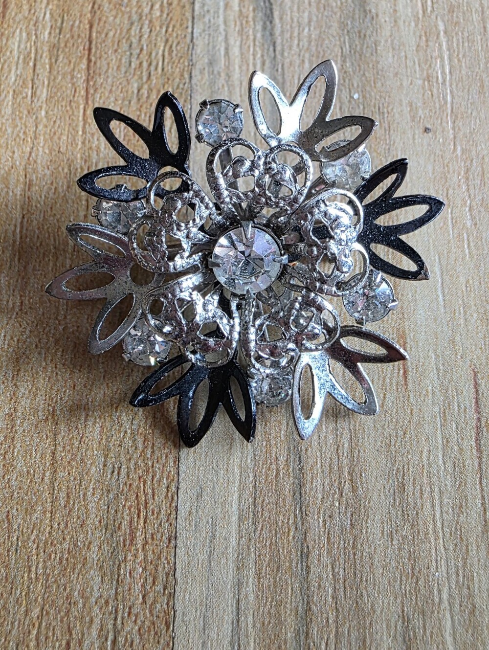 Vintage Silver Crystal Floral Brooch - Sparkling Accent